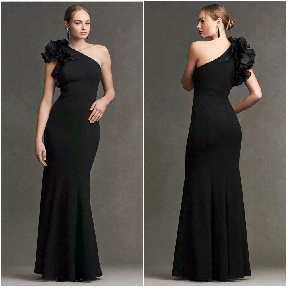 Aidan Mattox Gown Womens 6 Black One Shoulder Organza Sleeve Mermaid Evening NWT